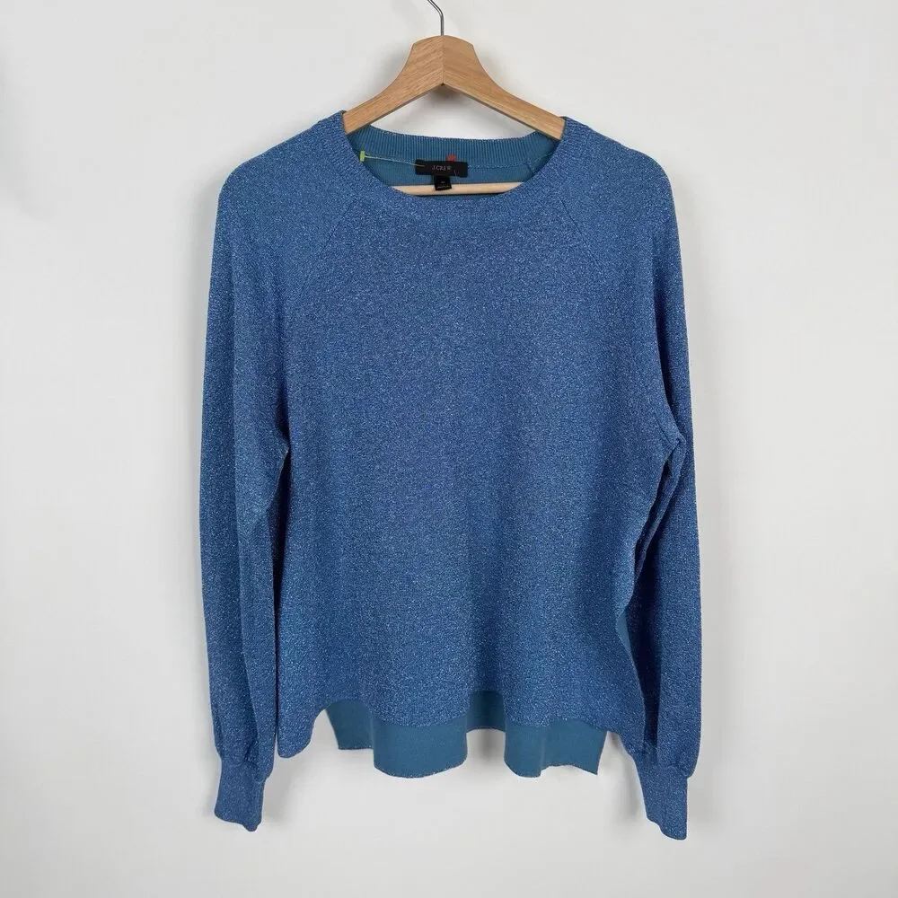 J.CREW Crew Neck Raglan Sweater Womens M Blue Metallic Shimmer Side Slit Preppy